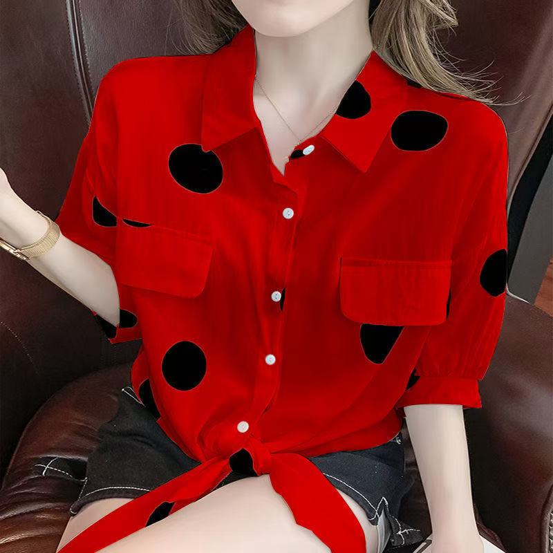 Small Fresh Polka Dot Shirt for Women Summer Korean Version Loose Short Sleeved Top with Lace Up Chiffon Shirt for Women