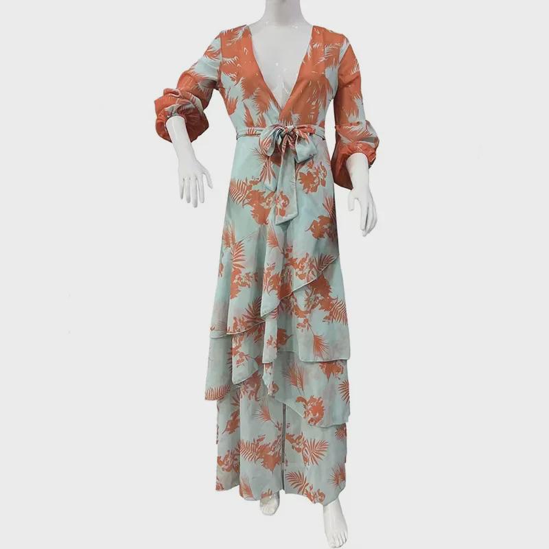 Women's European & American Chiffon Print High Waist Summer Dress - Irregular Hem, Vacation Style, Commuting Trend