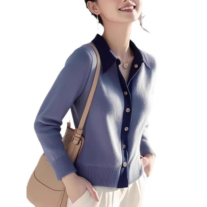 Autumn and Winter Blue Lapel Knitted Cardigan Women's Design Sense Good-looking Top