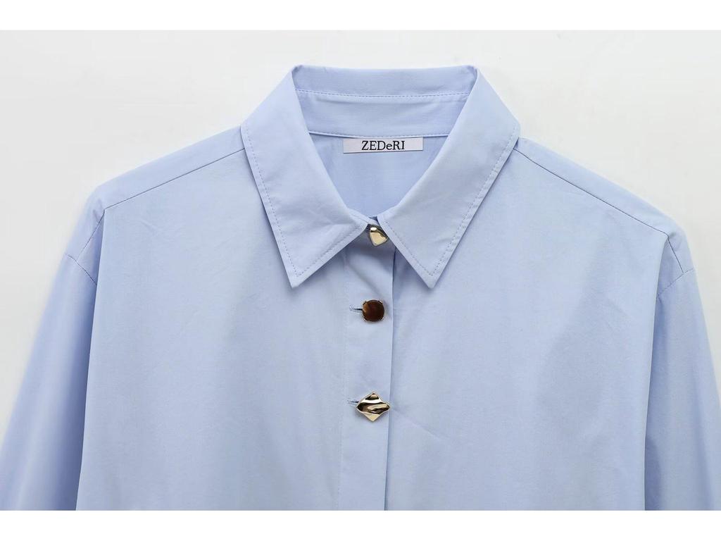 Spring/Summer 2025 European & American Gold Button Turn-Down Collar Long Sleeve Loose Shirt