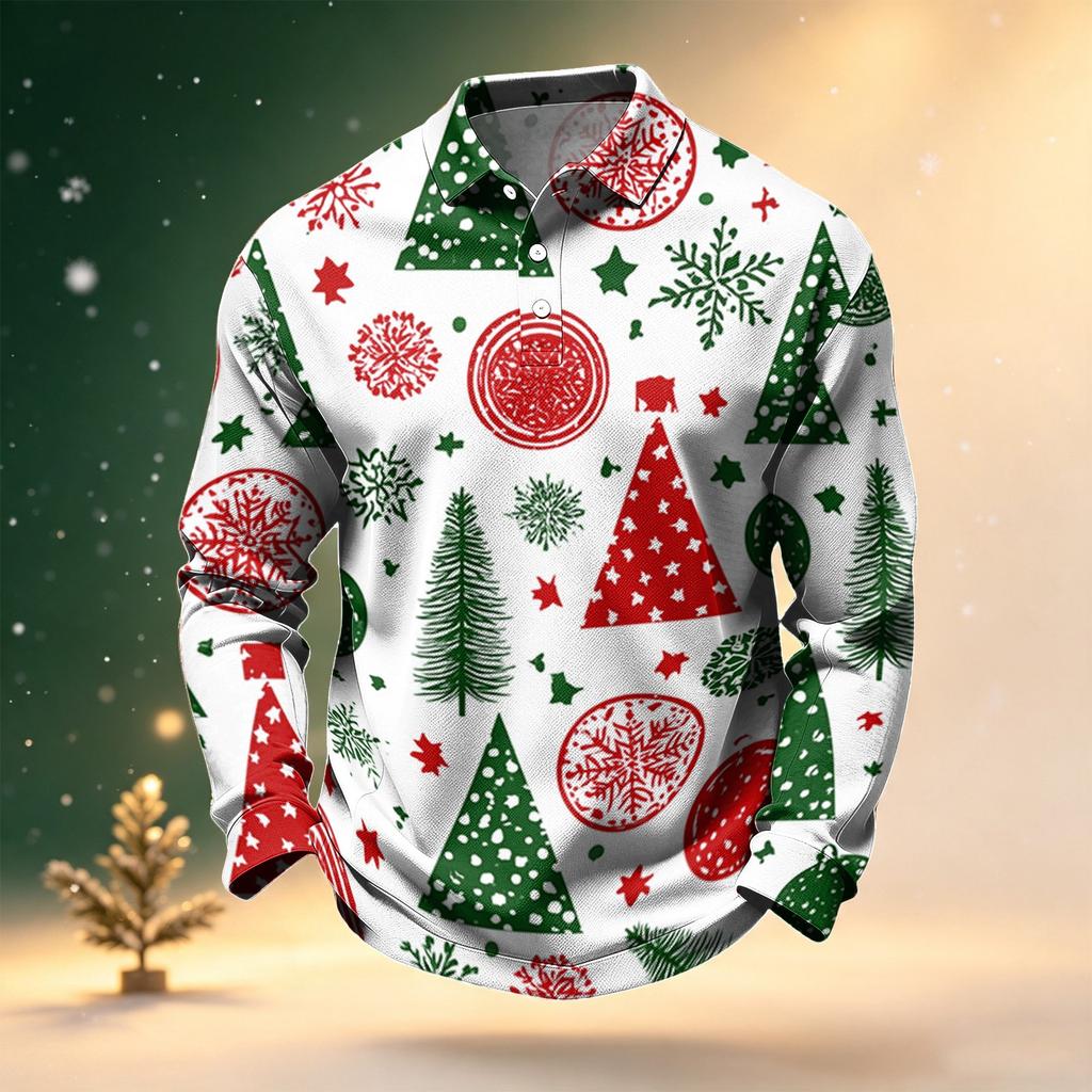 Men's Long Sleeve Golf Shirt Christmas Print Quick-Dry Mesh Casual Activewear Top