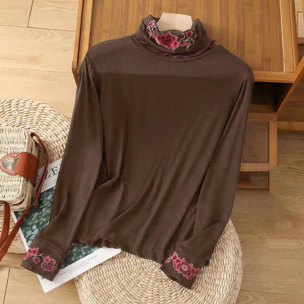 Women's Autumn and Winter Literary Retro Embroidery Bottom Shirt Chinese Long Sleeve Pullover Top