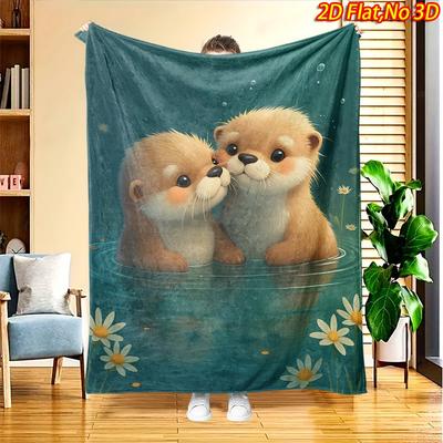 1pc 2D Flat Printing Spring & Summer New Arrival Two Cute Otters Embracing In Water Theme Digital Printing Blanket, Universal for All Seasons, Leisure