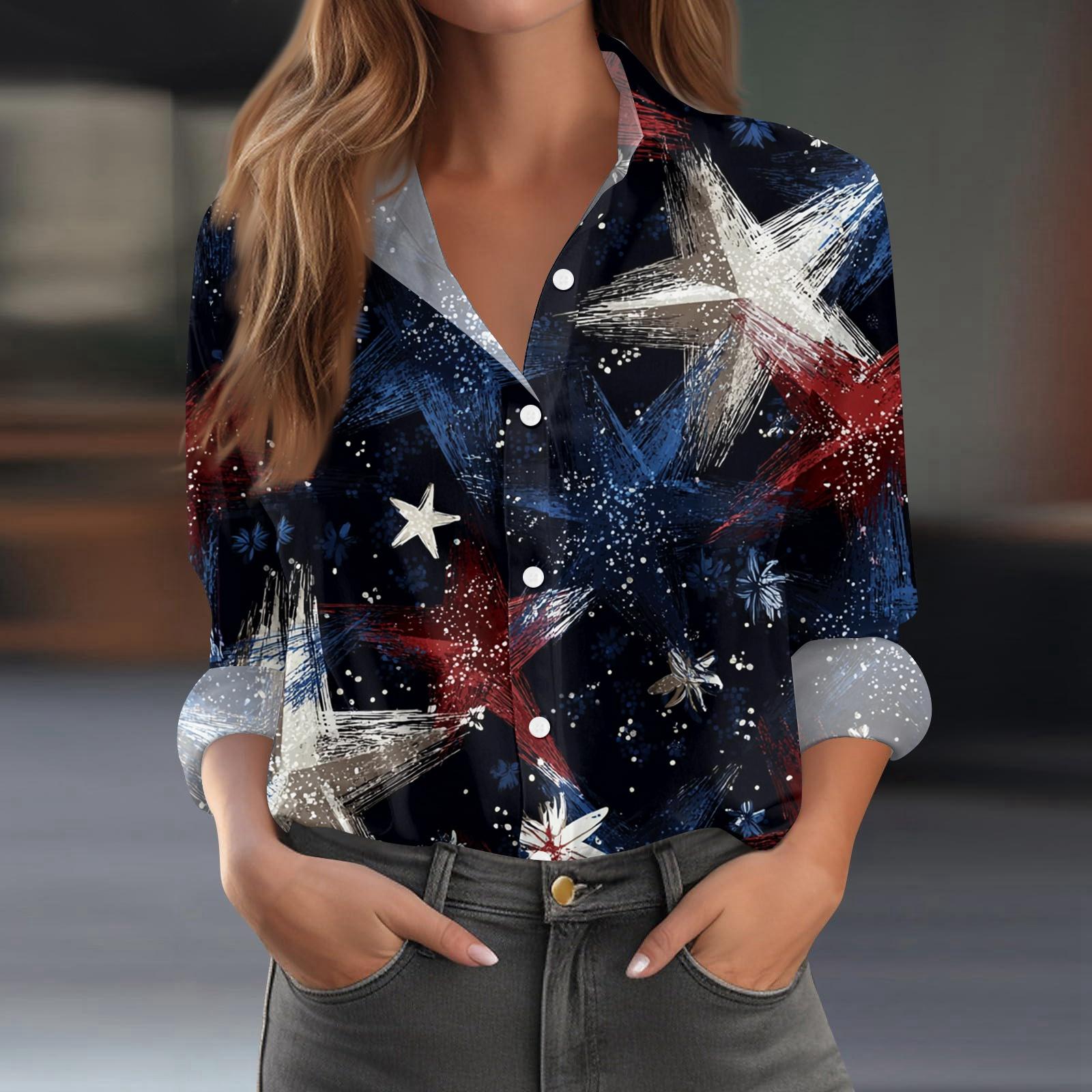 

Women’s Long Sleeve Button Down Shirt with Star Print Casual Loose Fit Blouse Classic Collar Design for Everyday Wear L чёрный
