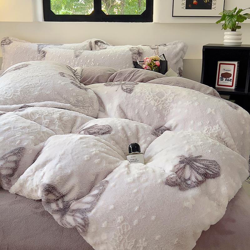 3D Three-Dimensional Thickened Rabbit Hair Carved Fleece Milk Fleece Four-Piece Single Quilt Cover