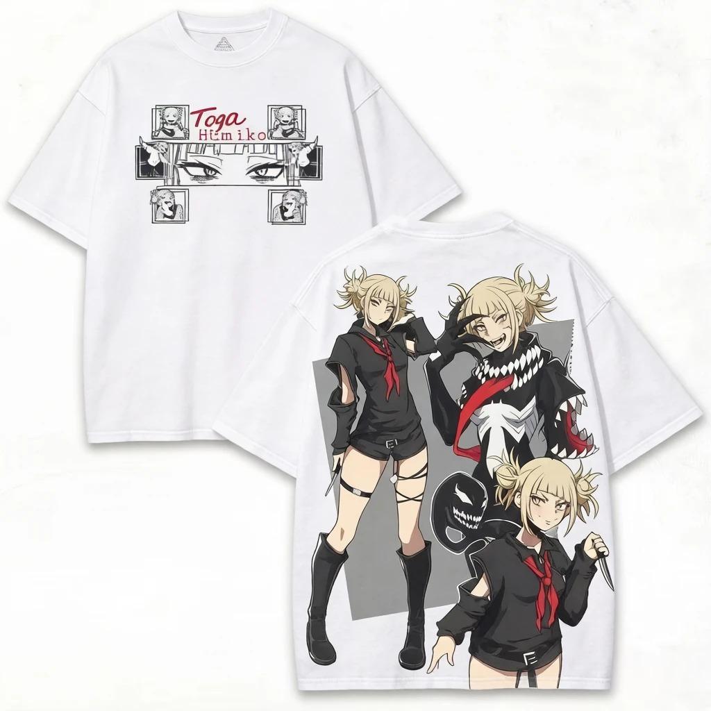 Oversized White My Hero Academia T-Shirt with Himiko Toga Collage and Venom Mashup Print 4XL