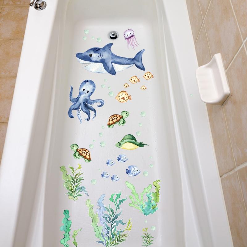 6Pcs/Set Bathtub Decoration Anti-Slip Bathtub Stickers Cartoon Coral Crab Small Fish Pattern Stickers Bathroom Pvc Frosted Batht