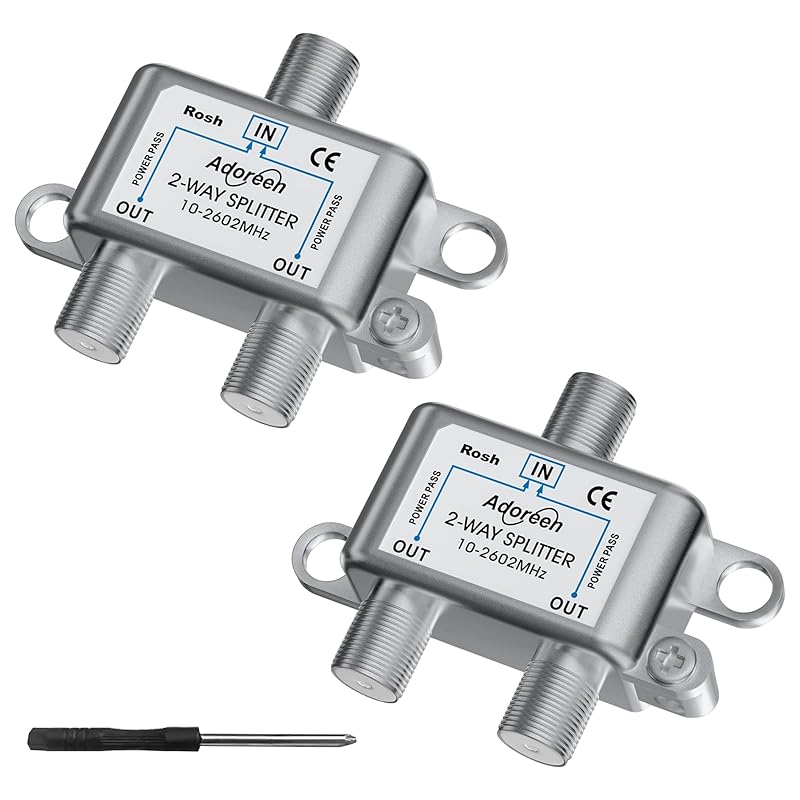 Adoreen 2-Way Coaxial Cable Splitter, 10-2602MHz Mini Bi-Directional Digital Signal RG6/RG59 Coax Indoor&Outdoor for CATV, Satellite, Antenna, MoCA,
