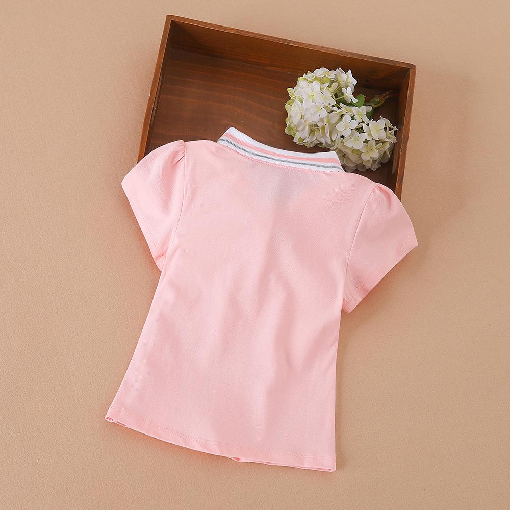 Toddler Girls 2024 New Summer Short Sleeves Kids Clothing Baby Girls' Cartoon Patched Striped Trim Polo Shirt