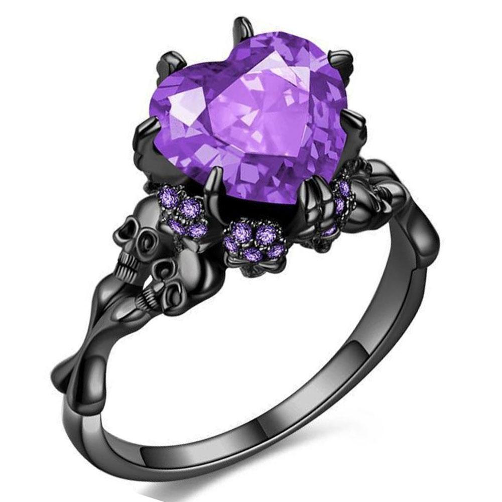 

Gothic Style Promise Ring Inlaid Heart Shape Zircon Skull Design On The Band Engagement Wedding Zircon Perfect Halloween Gift 10&Black Gun Plated фиолетовый