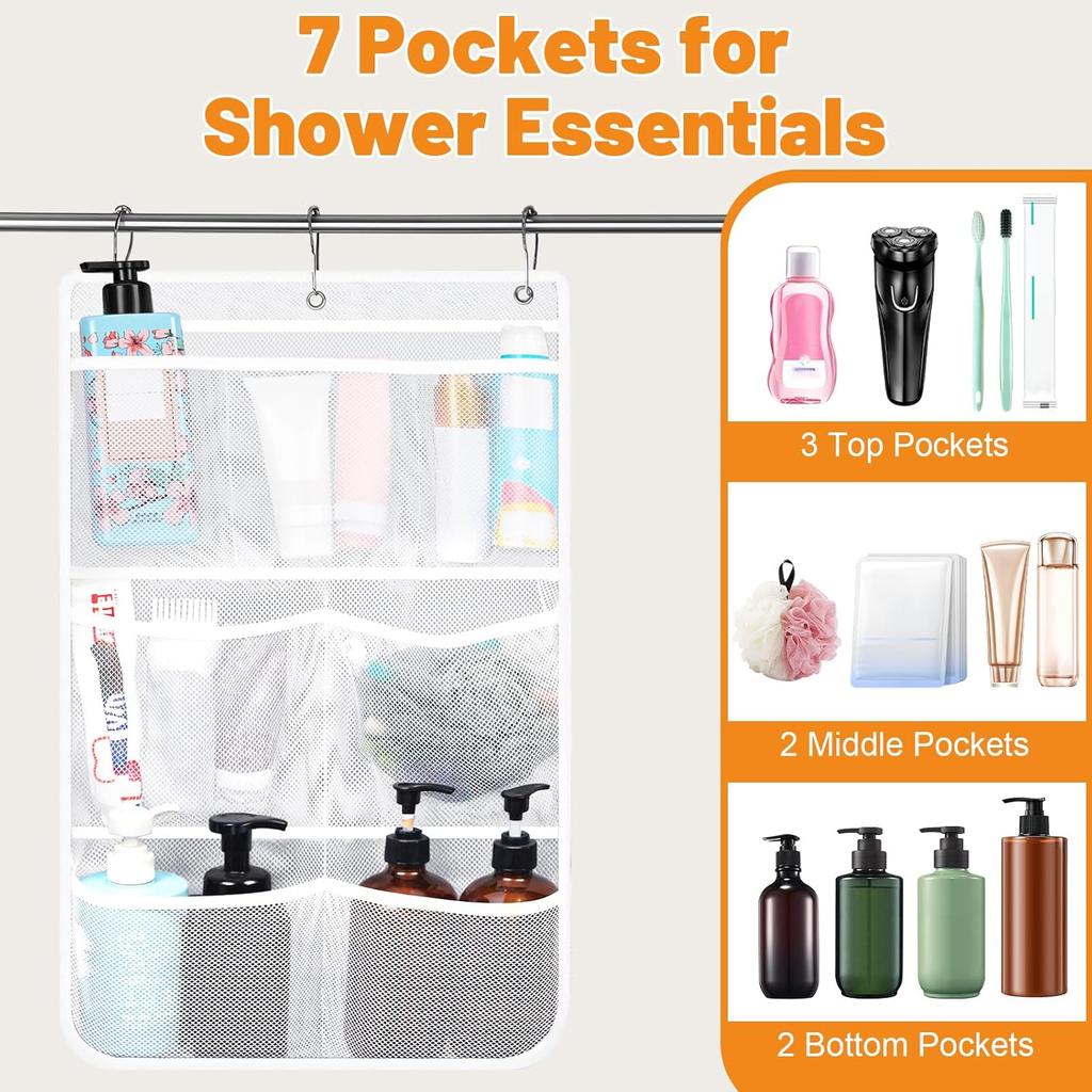 2 Pack Mesh Shower Hanging Caddy, 7 Pockets Hanging Shower Organizer with Metal Loop, Portable Bathroom Bag for Shampoo, Body Wash, Soap, and Cruise