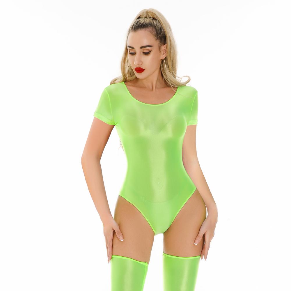 Sexy Women Yoga Stain Smooth Bodysuit Oil Glossy Shiny Elastic Maid Tights Yoga Shaping Leotard One Pieces Thong Dance Wear