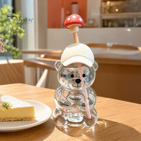 Set di Testa di Paglia Cartoon Orsetto Carino Tazza di Vetro con Coperchio, Bottiglia d'Acqua in Plastica/Vetro da 500/591ml per Grandi Capacità Bevande Fredde/Calde, Motivo Caffè