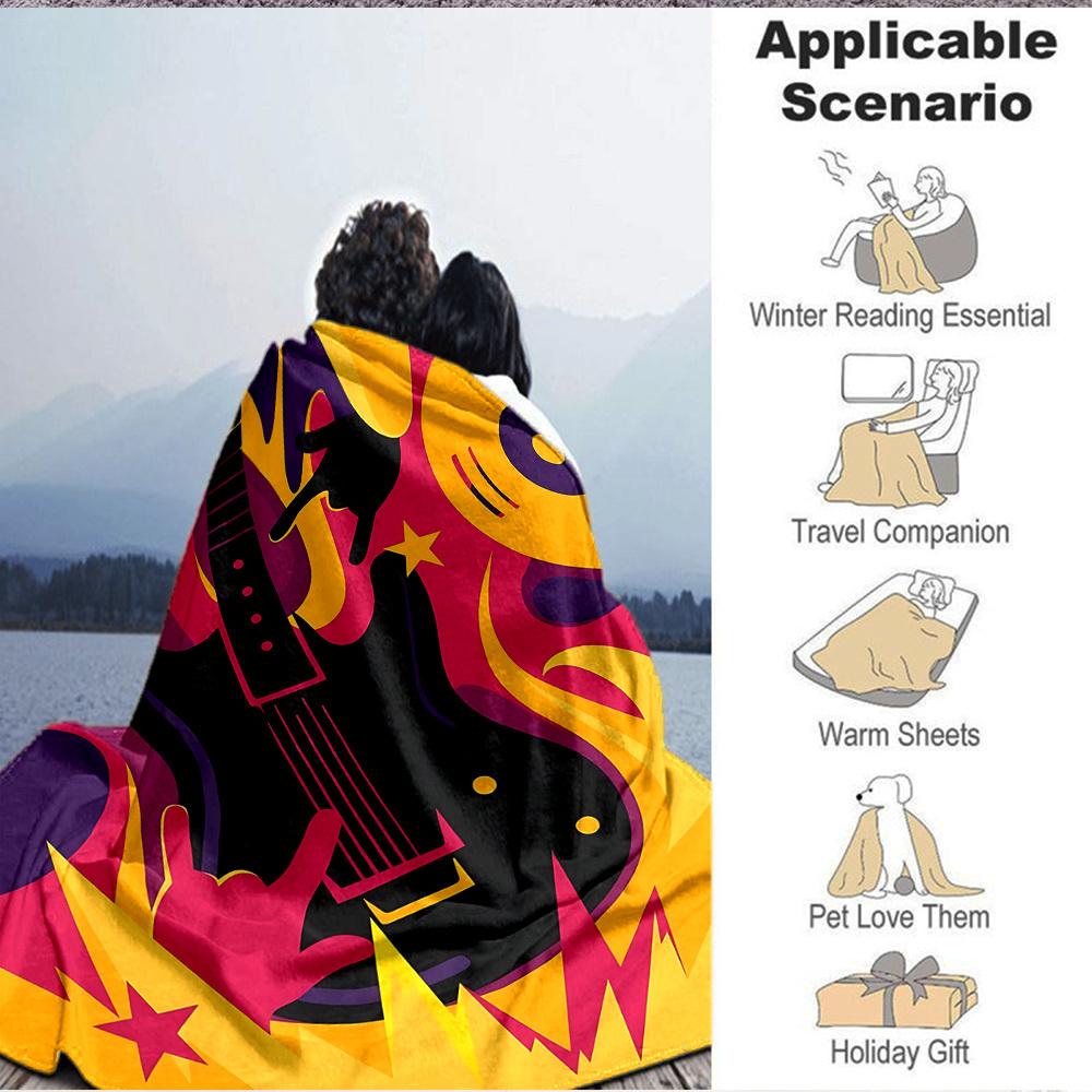 1pc Guitar Music Print Blanket - Lightweight Flannel Throw Blanket For Sofa, Bed, Living Room, Office, Outdoor Travel, Camping, Soft All-Season074