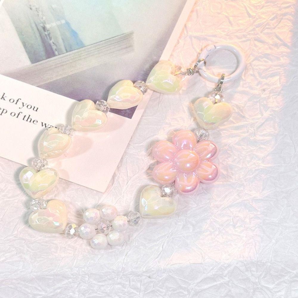 Heart Colorful Phone Lanyard Flower Keychain Crystal Phone Anti-lost Rope Colored Round Bead Cute Glitter Wrist Straps