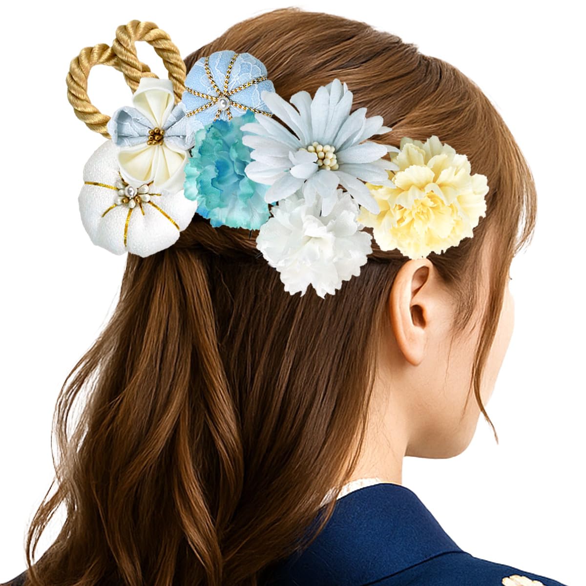 

hair accessory set for white and featuring crepe and cherry blossoms Two-piece coming-of-age ceremonies, pink, Tsumami-zaiku (light blue). светло-синий
