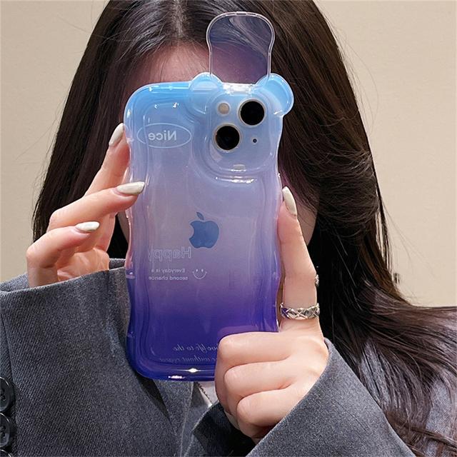 

Корейский милый чехол для телефона с 3d медвежьими ушками и градиентом для Iphone 14 13 12 11 Pro Max 3d с подставкой, прозрачная защитная мягкая крышка для линз For iPhone 14Pro