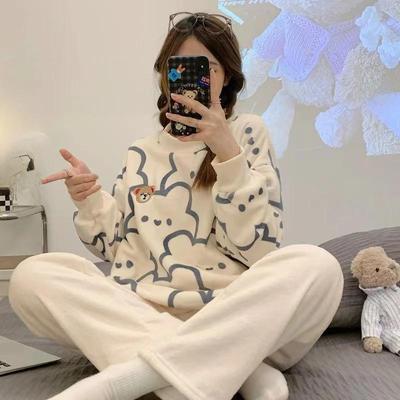 Podzimní Nový Teplý Set Dvoudílného Outfitu s Kulatým Výstřihem a Dlouhým Rukávem pro Ženy Plyšové Domácí Oblečení pro Ženy Roztomé Pyžamo s Potiskem pro Dívky