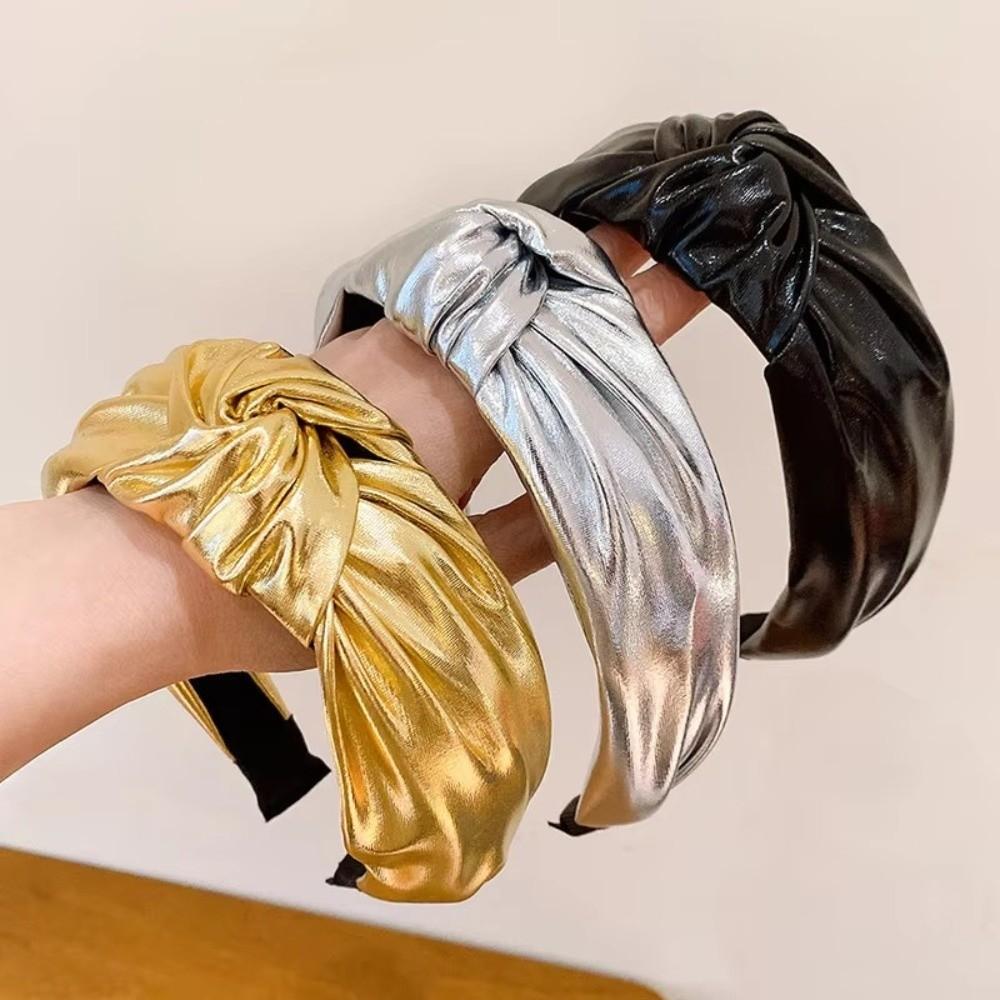 Synthetic Leather Travel Headband Shiny Lady Hairband Fashion Knot Head Hoop  For Women Girls