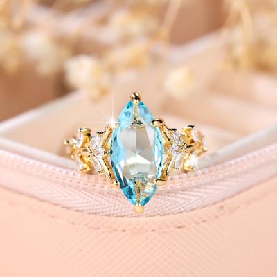 Sparkling Marquise Light Blue Zircon Stone Ring Trendy Gold Color Engagement Rings For Women Bride Wedding Jewelry Gift