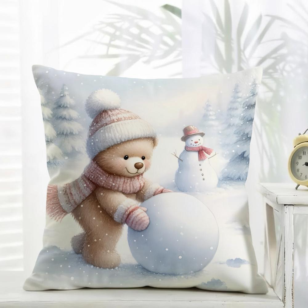 C-Christmas Snowman Bear Pillow Cute Cushion Cover Daily Washable Linen Pillowcase Soft For Sofa Bed Home Room Decor