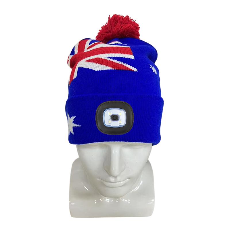 Australia Flag LED Light Beanie with Pom Pom Factory Supply Custom Logo Knit Hat for Winter Outdoor OEM ODM LED Beanie Australia