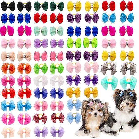 60PCS Pet Hair Bows, Puppy Dog Bows with Rubber Bands, 20pcs with Drills and 40 pcs Pure Yarn Handmade Pet Hair Grooming Attachments with Rubber
