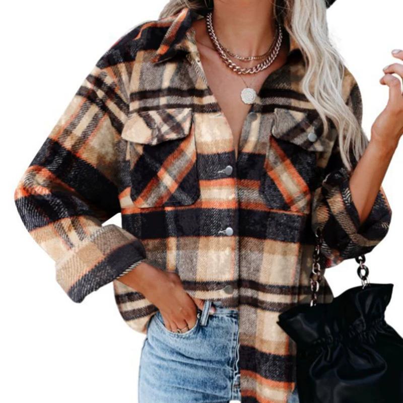 

Жіноча Осінньо-Зимова Сорочка в Клітинку з Довгим Рукавом, Потовщена Сорочка на Ґудзиках, Пальто 3XL