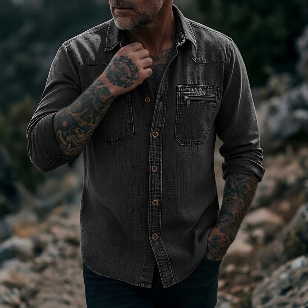 Camicia da uomo vintage in denim lavato a maniche lunghe con bottoni e tasca con zip, casual, da lavoro