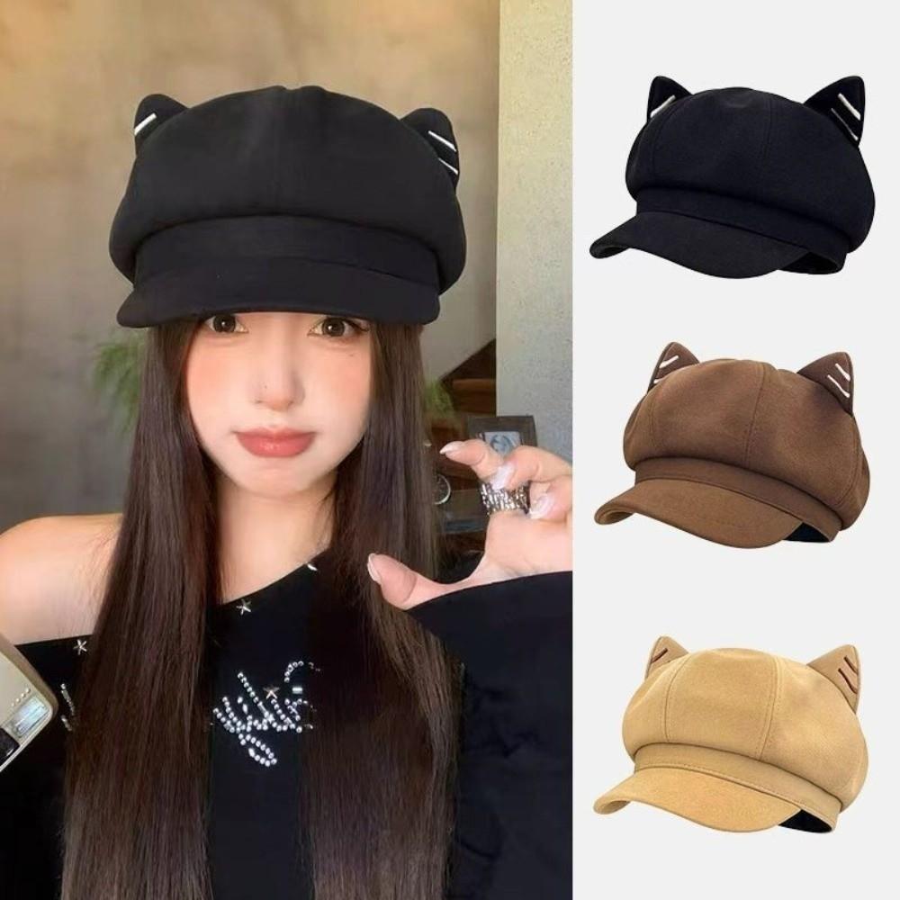 Woolen Cat Ear Hat Solid Color Octagonal Cap Newsboy Hat British Beret Hat  Artist