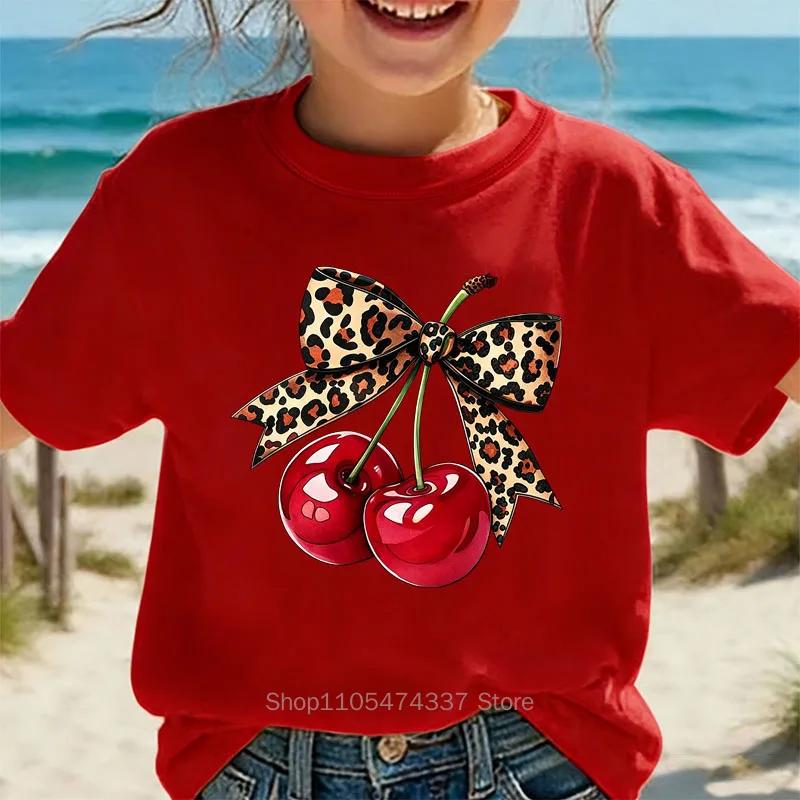 Leopard Print Cherry Print Kids Tshirt Summer Girls Casual Cute Comfortable Colorful Tops Children Oneck Short Sleeve Tees