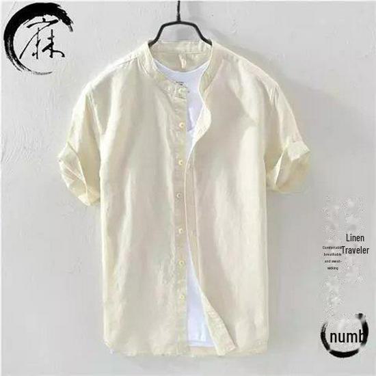 Men's Summer White Linen Shirt - Short-Sleeve, Stand-Up Collar, Japanese Business Casual Style, Loose Fit.