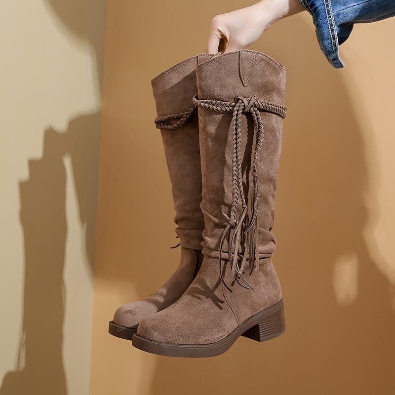 Western thick-heeled version of retro wasteland wind fringed knight boots cowhide boots thin high boots women's high boots