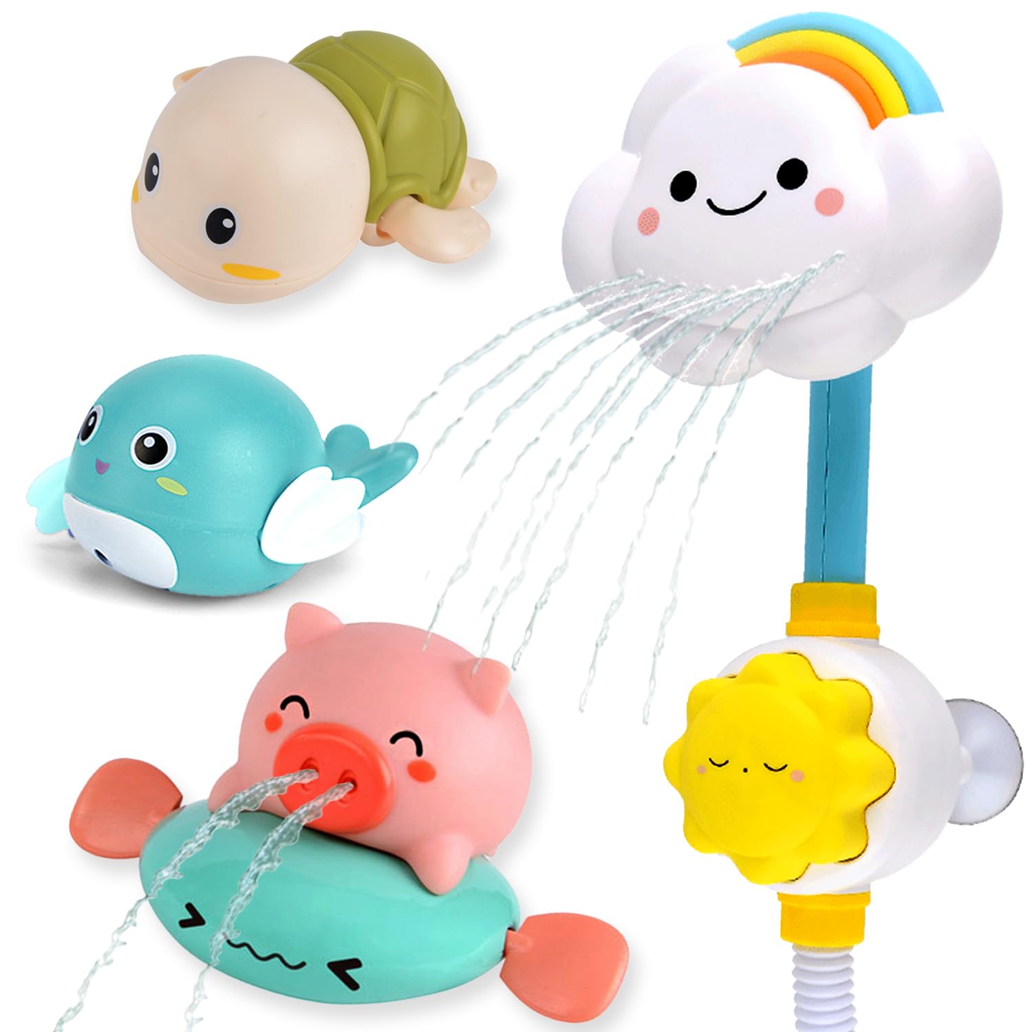 

JUYEE Bath Toys for Babies, Water Play Toys, Popular Rainbow Shower, Pig, Turtle, and Dolphin Designs, Birthday Gift, Baby Shower Gift (Set of 4 -