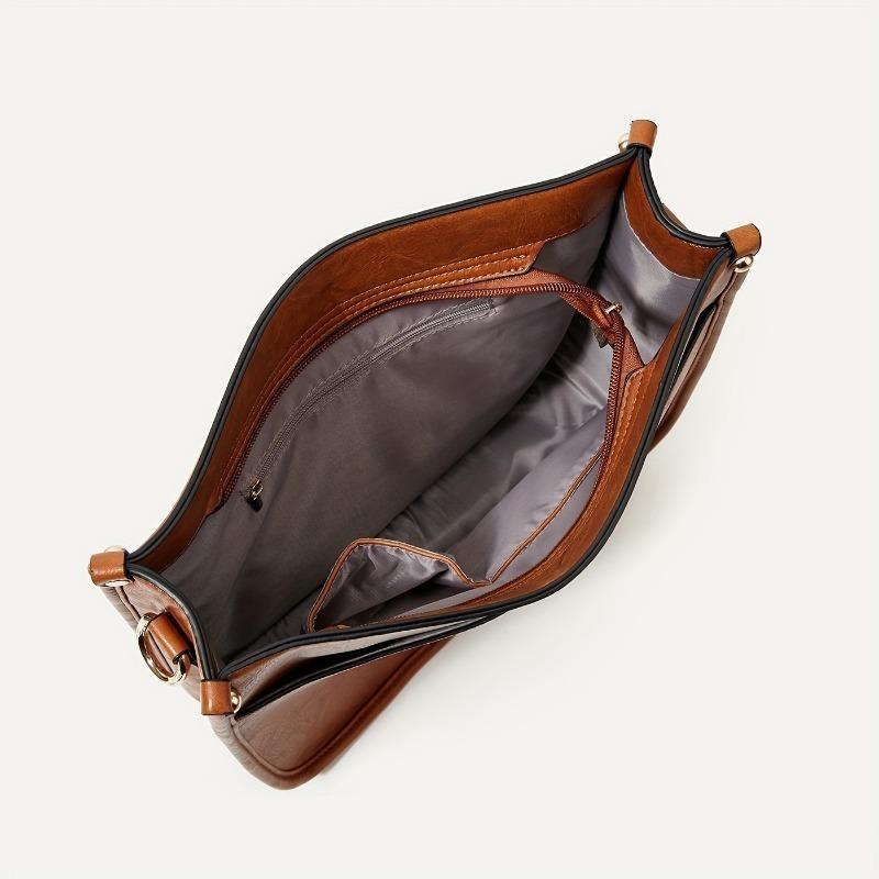 Bolso Bandolera de Cuero PU de Color Sólido Vintage Gran Capacidad Bolso de Hombro con Estampado de Leopardo Simple Bolso Tote de Moda Multifuncional