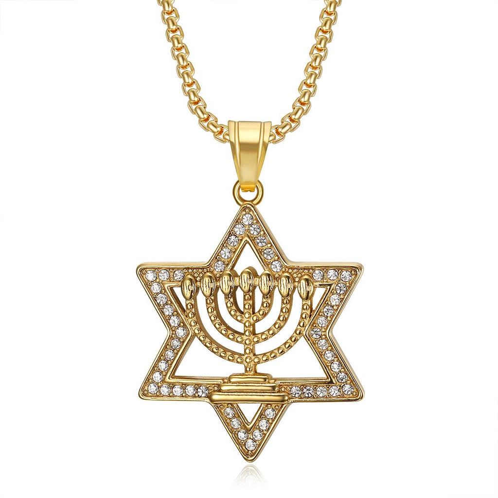 Zirconium Hexagonal Star Pendant Titanium Steel Hip Hop Men Necklace European American Middle Eastern Style Jewelry