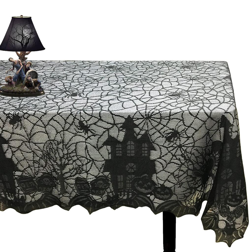 Halloween Tablecloth - Gothic Black Lace Spider Web Table Cover for Halloween Masquerade, Scary Movie Nights Decorations 53x68in