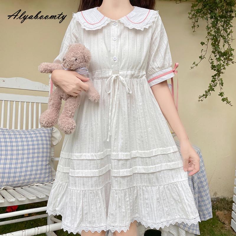 Abito Lolita Vintage Giapponese Per Ragazze E Adolescenti – Bianco Con Colletto Peter Pan E Pizzo, Maniche Corte