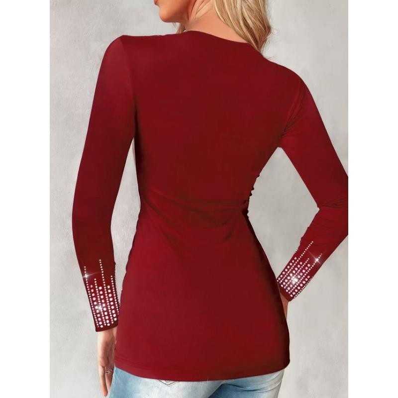 Women S Long Sleeve V Neck Solid Rhinestone T Shirt Plus Size