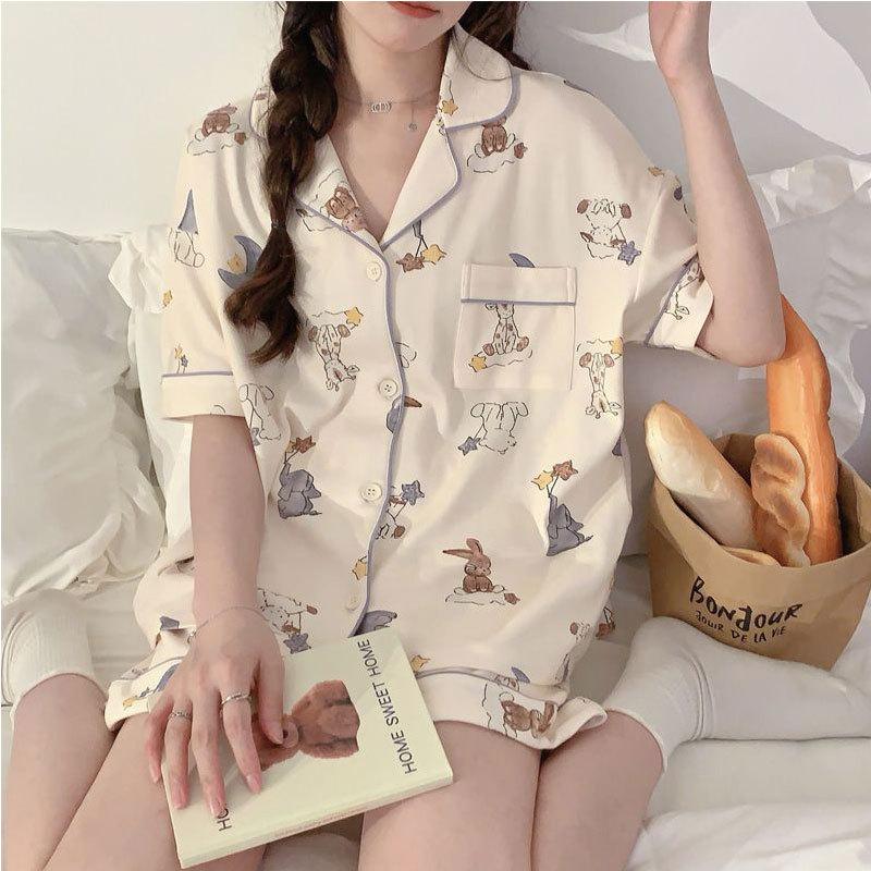 Pajamas Women's Summer Cow Crayon Small New Short-sleeved Shorts Cartoon Cute High-value Casual Style Loungewear Set