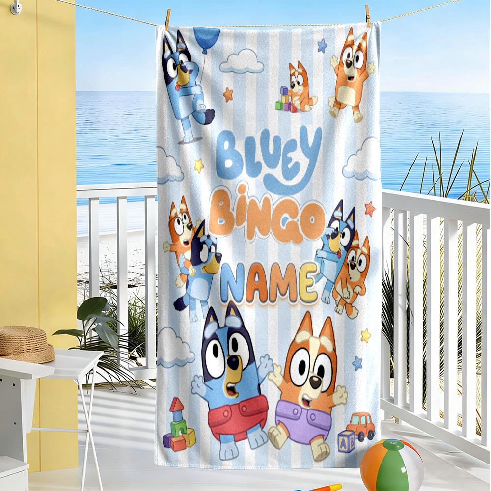 Bluey's Balloon Adventure Customizable Name Beach Towel High Absorbency & Quick-Dry Suitable for Swimming Gym Camping Yoga Vacation