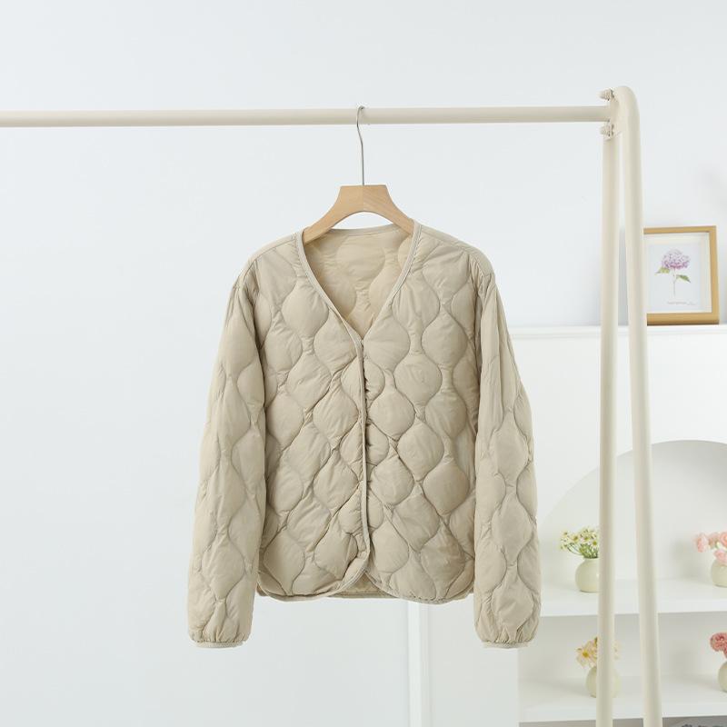 Autumn and winter new simple V-neck casual light and thin short down jacket women's jacket versatile collarless light and thin liner