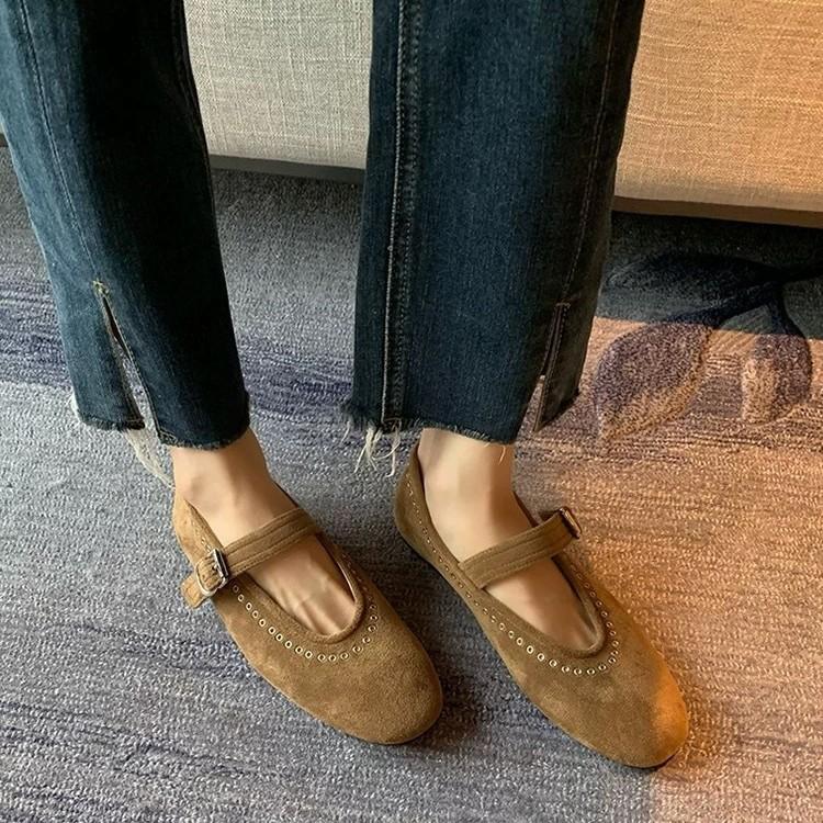 French Leather Suede One-word Buckle with Mary Jane Women's Shoes 2025 New Versatile Flat Bottom Round Head Rivet Single Shoes Women