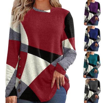 Women's Button Down Geometric Colour Block Patchwork Long Sleeve Printed T-Shirt Top