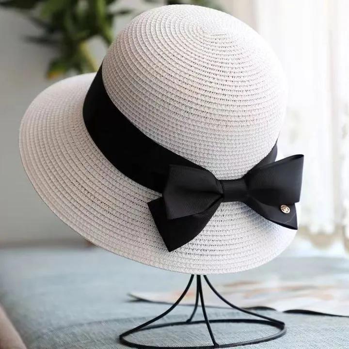 WTEMPO Double Bow Elegant Casual Foldable Summer Straw Hats Women's Solid Color Wide Brim Outdoor Beach Sunscreen Hats