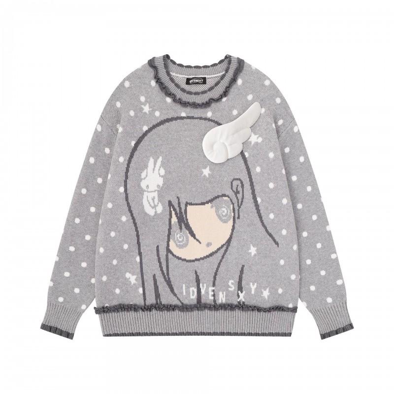 Cozy Oversized Knit Sweater With Cartoon Bear Motif Retro American Style Thick Warm Pullover Winter