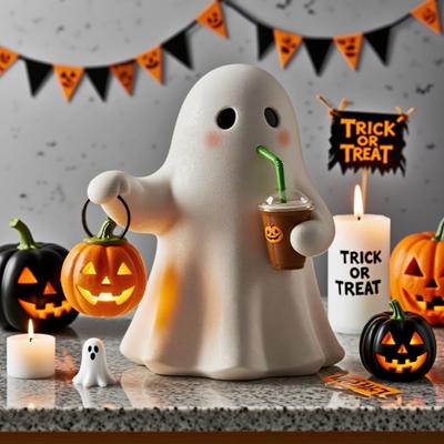 Yousheng Halloween Geister-Nachtlampe mit Kürbis trinkender Geist Harzstatue Feiertagsparty Zuhause Büro Schlafzimmer Geister-Dekolampe