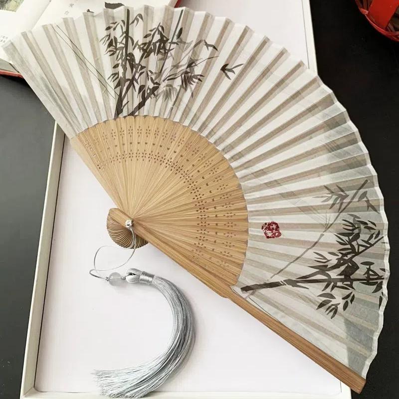 Ancient Chinese Style Small Dance Fan Summer Portable Hanfu Cheongsam Hand Held Fan Green Bamboo Ribs Single-Sided Folding Fan