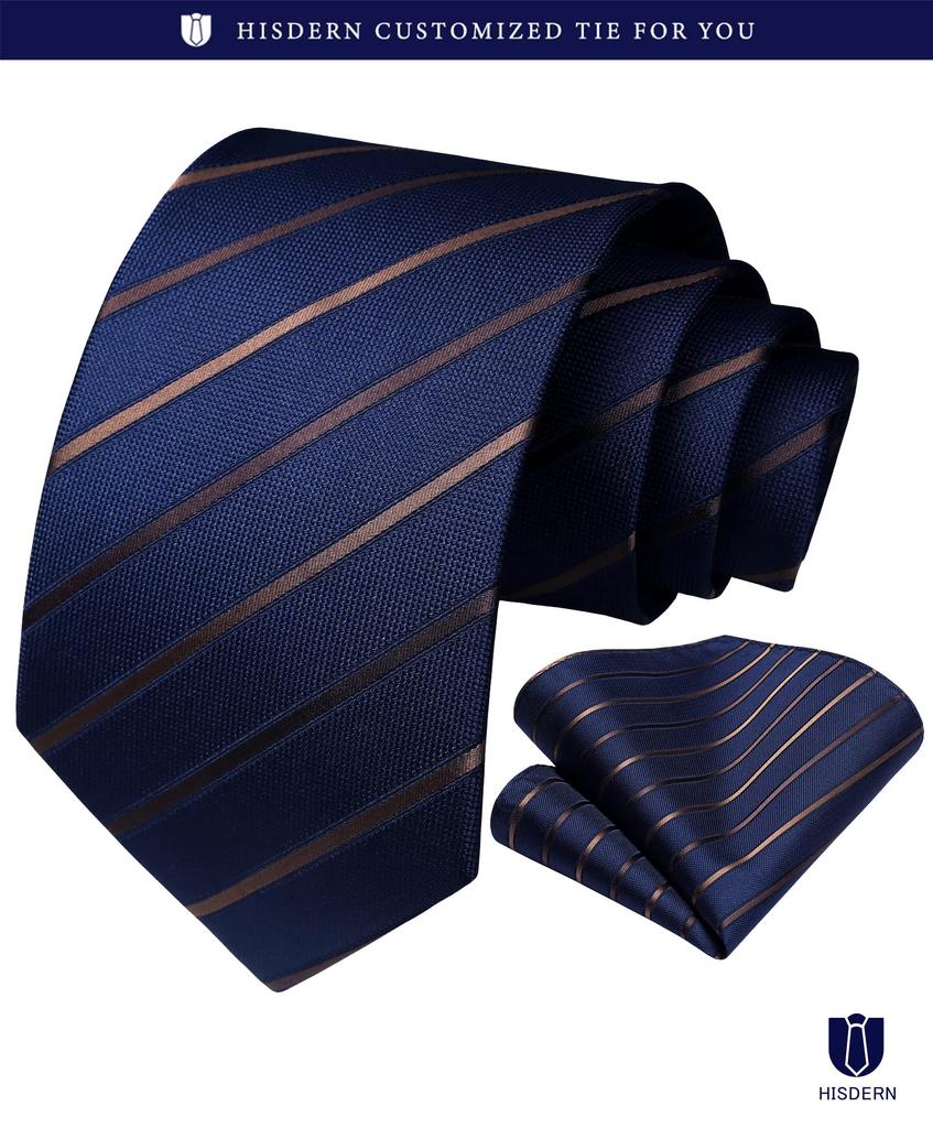 [HISDERN] Business Necktie for Men, Blue, Wedding, Tie and Pocket Square Set, Formal, Striped Pattern, Necktie for Job Hunting, Interviews, Entrance