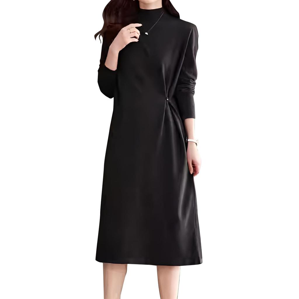SECOND ROOTS Knit Dress with Waist Heart Solid Perfect for and Buttons, Design, Color, Knee-Length, Fall/Winter, Dates, Outings, Loungewear, Black,